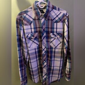 Vintage Wrangler Western Pearl snap x long tail plaid rodeo shirt 16.5-35 LG
